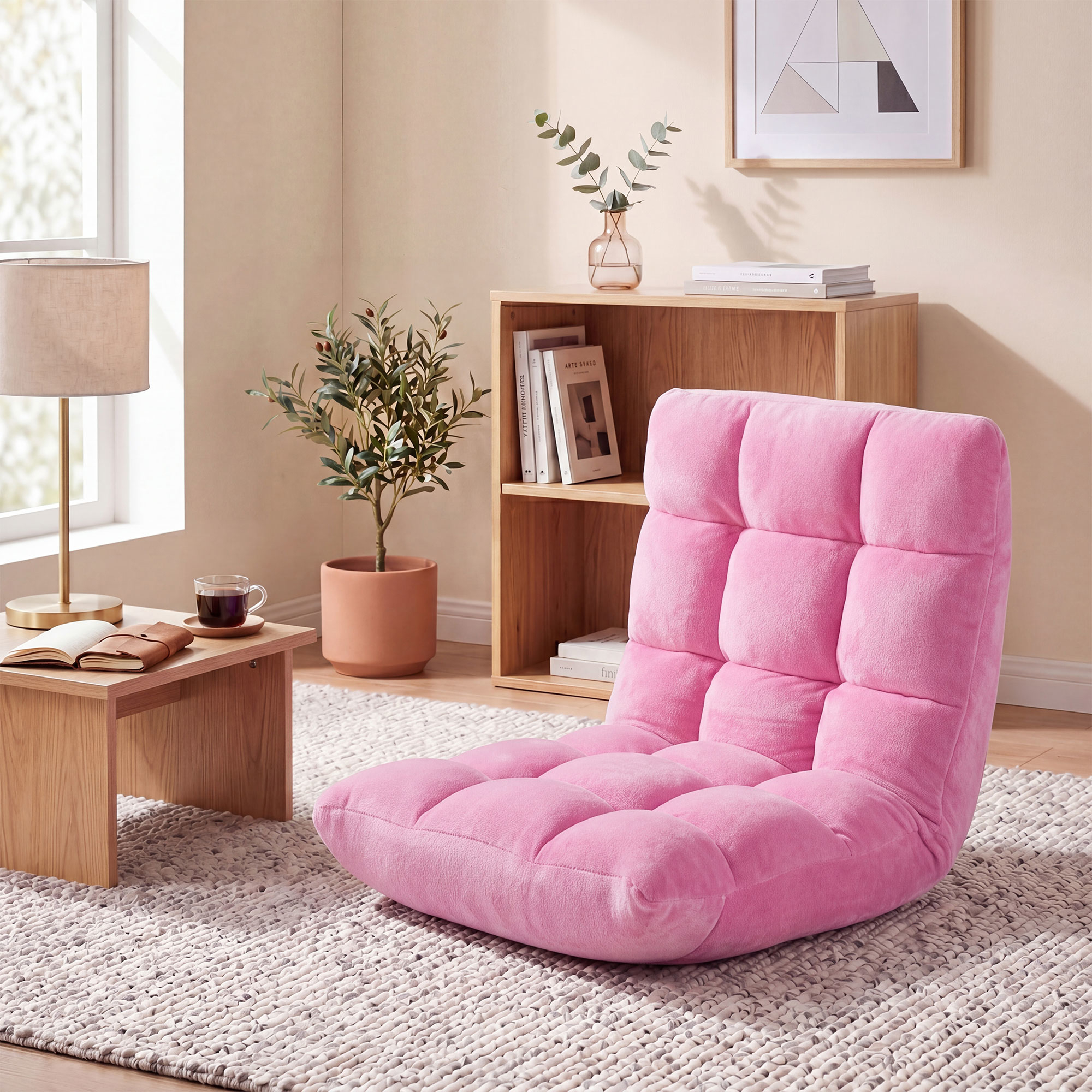Image of Adjustable 14-position Floor Chair, Folding Couch Recliner With Soft Flannel Cover & Heavy Duty Metal Support, Reading Gaming Floor Chair With Non-slip Base For Adults, Pink