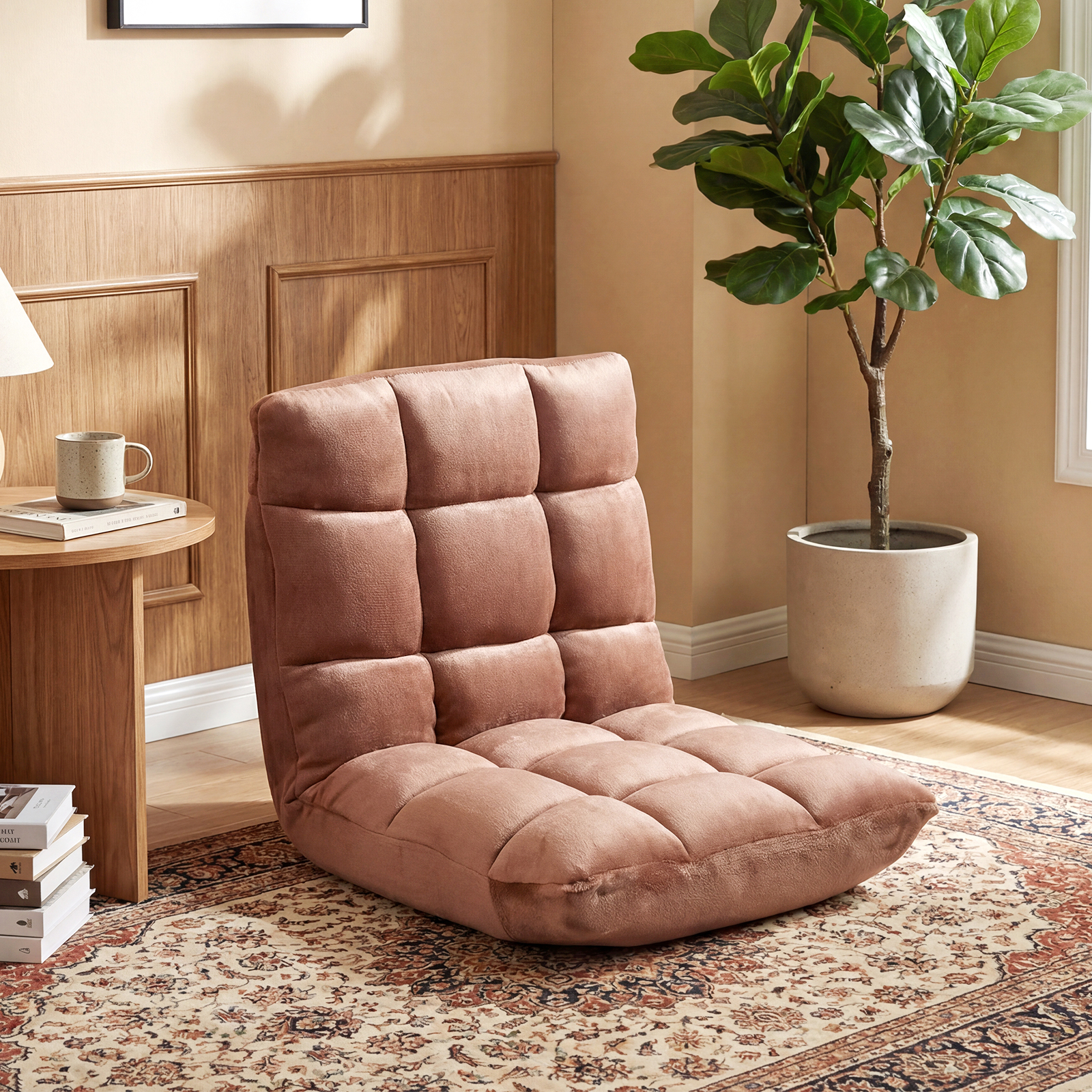 Image of Adjustable 14-position Floor Chair, Folding Couch Recliner With Soft Flannel Cover & Heavy Duty Metal Support, Reading Gaming Floor Chair With Non-slip Base For Adults, Beige