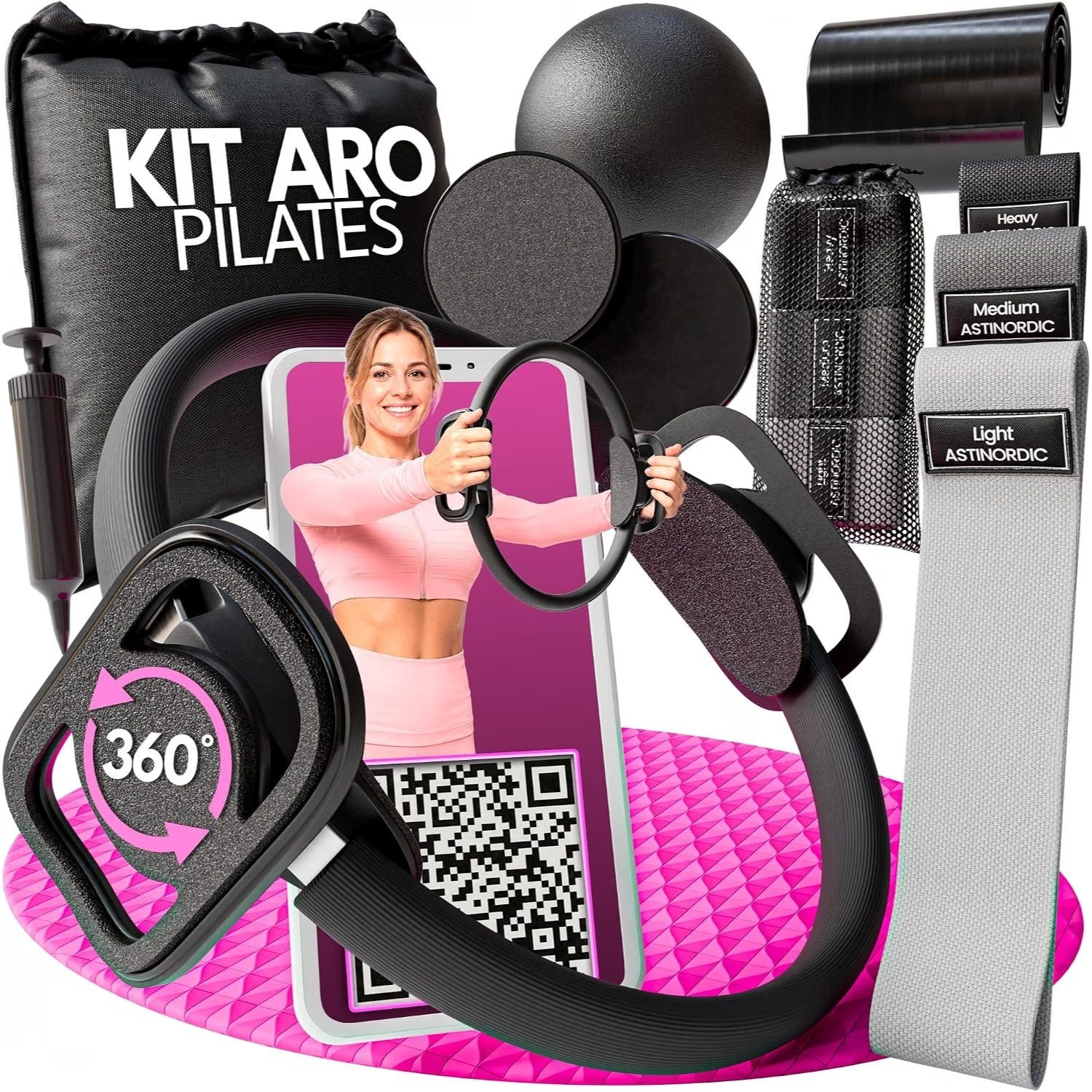 TEMU Kit Pilates en Casa 6 en 1 + Guía de Ejercicios con Aro Pilates, Pelota, 3 Bandas de Resistencia, Banda Elástica Larga, Discos Deslizantes