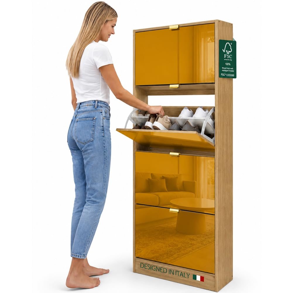 Image of Bakaji Shoe Rack With 4 Mirror-folding Doors, Shoe Rack With Folding Shelves And Handles, Space- Structure, Ideal For Living Room, Entrance, Lounge, Office 63 X 24 X 150 Cm