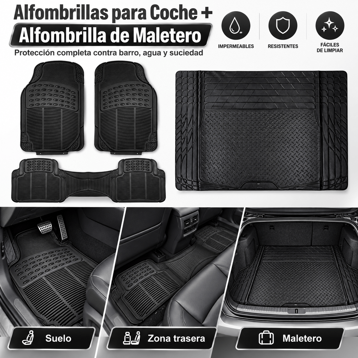 TEMU Juego universal de tapetes para auto y forro de maletero para todo , tapetes automotrices impermeables y antideslizantes con bordes elevados y