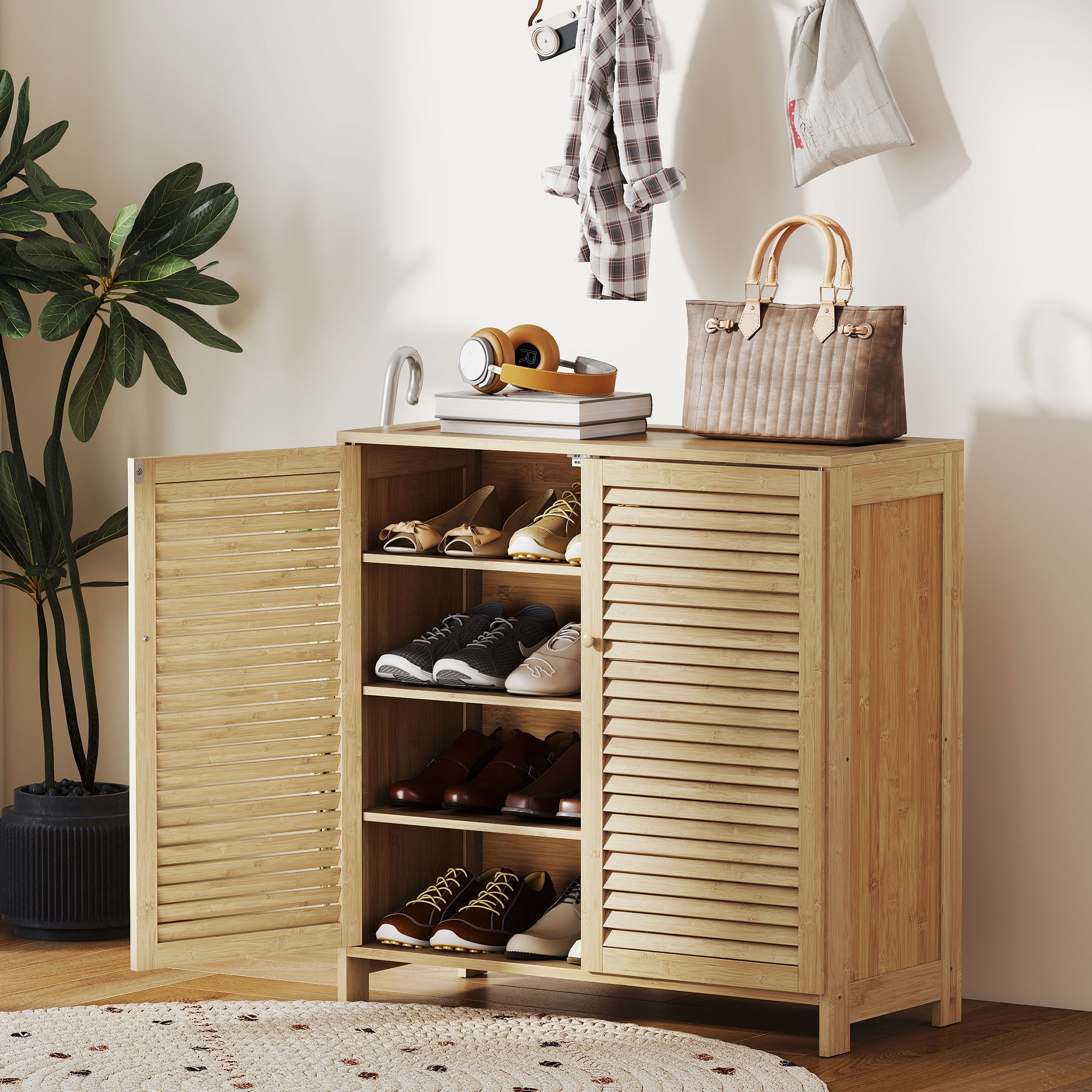 Image of Bamboo Shoe Rack With Louvered Doors, Shoe Shelf With Adjustable Inserts, For 14 Pairs Of Shoes, Hallway & Entrance Area, 80 X 35 X 80 Cm, Natural