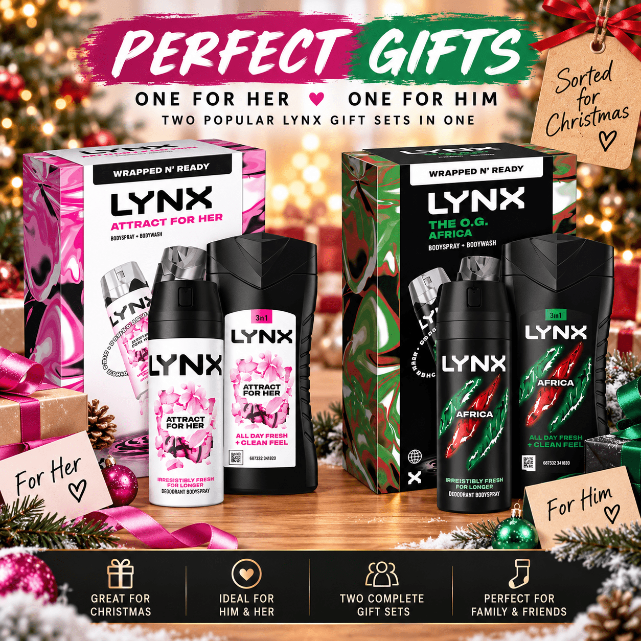 TEMU Lynx Christmas Gift Set Duo – Africa For Him & For Her – 2 Gift Sets – Body Spray & Body Wash