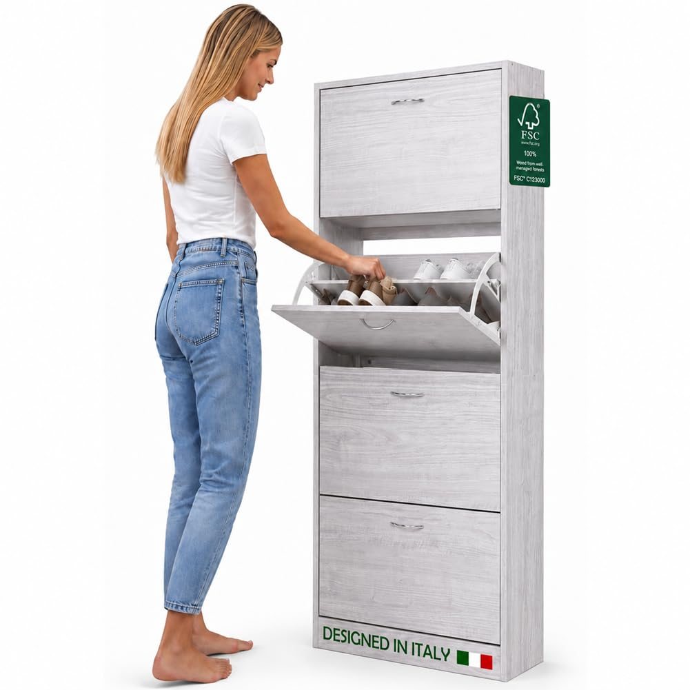 TEMU BAKAJI Scarpiera Salva Portascarpe in Legno MDF con 4 Ante Porta Scarpe a Maniglie in Metallo Profondit� Dimensioni Compatte Slim 63 x 24 x 150