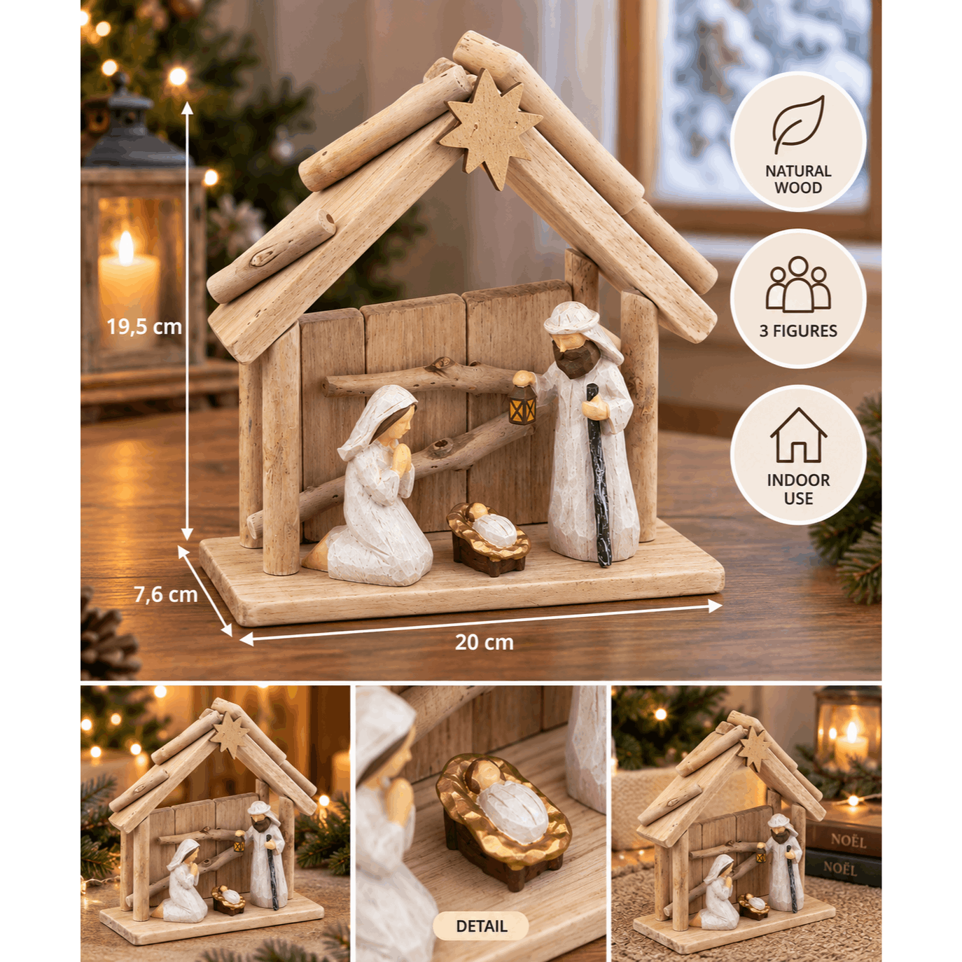 Image of 20 Cm Wooden Christmas Crib With 3 Figurines - Beige Indoor Nativity Decoration