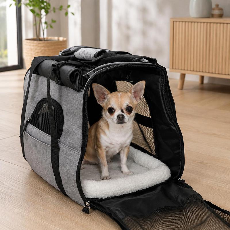 Image of Foldable Dog Transport Box, 48.5x27x31.5 Cm, Oxford Fabric, Mesh Fabric, With Shoulder Strap, Carrying Handles, Cushion, Suitable For Airplane, Up To 10 Kg