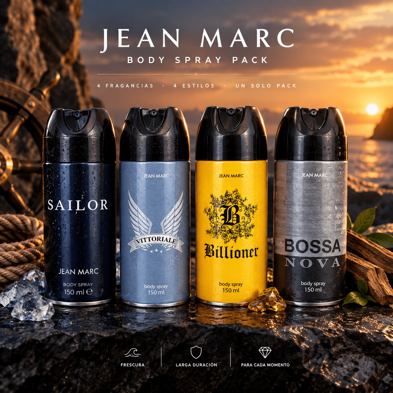 TEMU PACK DE 4 DESODORANTE HOMBRE (600ML)---- CONTIENE 150ML, 150ML, NOVA 150ML Y SAILOR 150ML.. DESODORANTE HOMBRE---MARCA JEAN