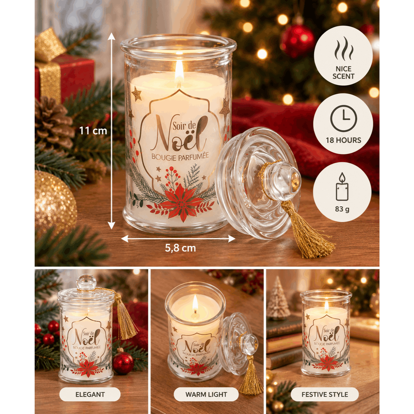 TEMU Bougie parfumée de Noël en pot en verre avec couvercle décoratif – 83 cire – 18 combustion – Décoration festive pour intérieur
