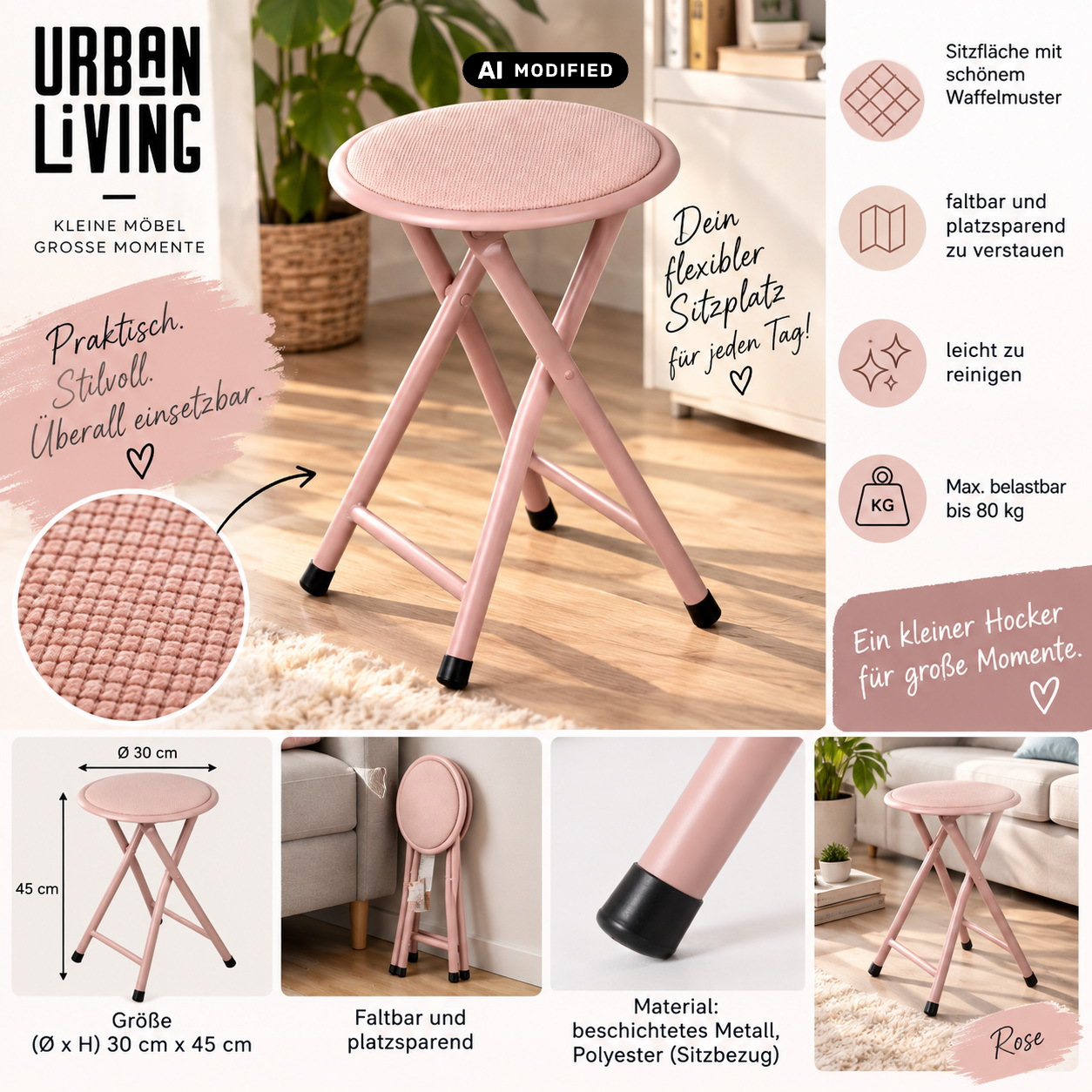 Image of Folding Stool With Waffle-pattern Fabric Seat, Safety Pin Folding Stool, Kitchen Stool, Side Stool, Compact Folding Stool, Round Stool, Comfortable Seating
