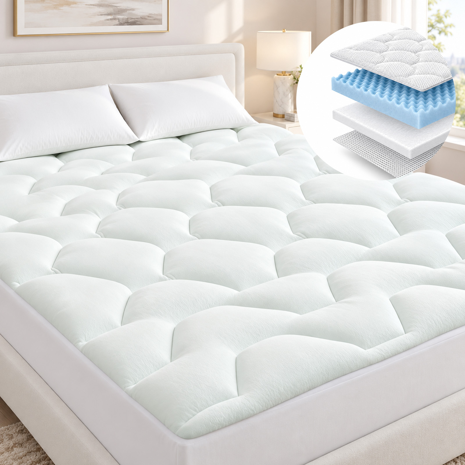 TEMU 3cm Gel Memory Foam Mattress Topper Breathable Quilted Bed Topper With Deep Pocket, Layer For Mattress (white)