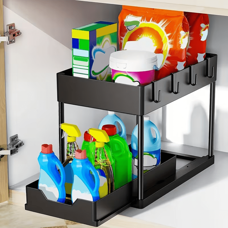 TEMU Organizzatore scorrevole sotto lavello a 2 ripiani con ganci, 1 pezzo, cassetti portaoggetti a cestello in plastica per armadietto per bagno ,
