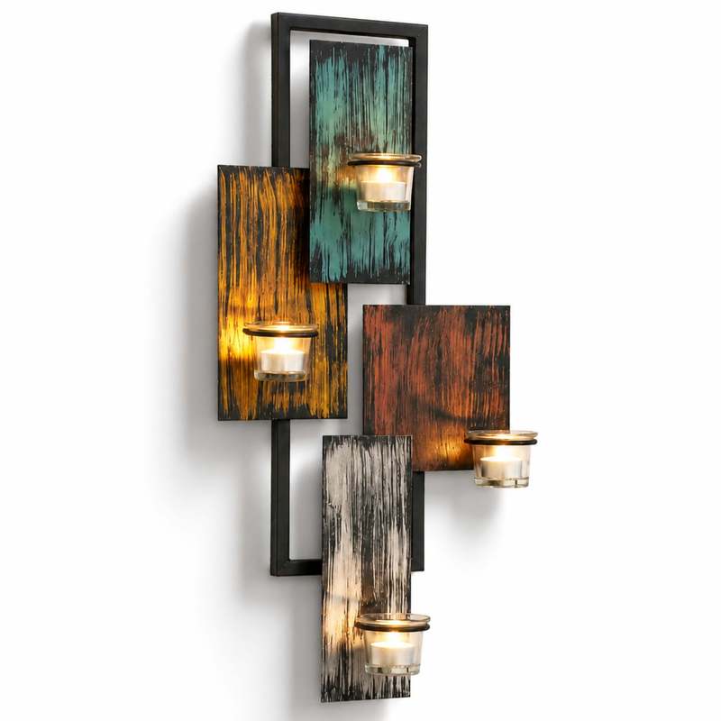 Image of Abstract Black Metal Wall Candle Holder, 60 Cm Tall, With 4 Glasses, Wall Sconce, Wall Candle Holder