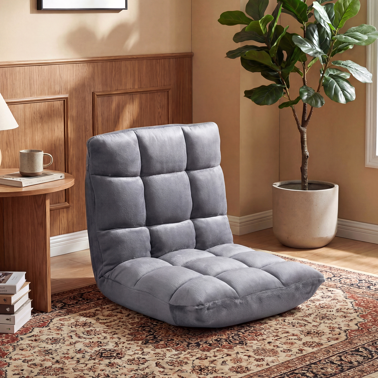 Image of Adjustable 14-position Floor Chair, Folding Couch Recliner With Soft Flannel Cover & Heavy Duty Metal Support, Reading Gaming Floor Chair With Non-slip Base For Adults, Gray