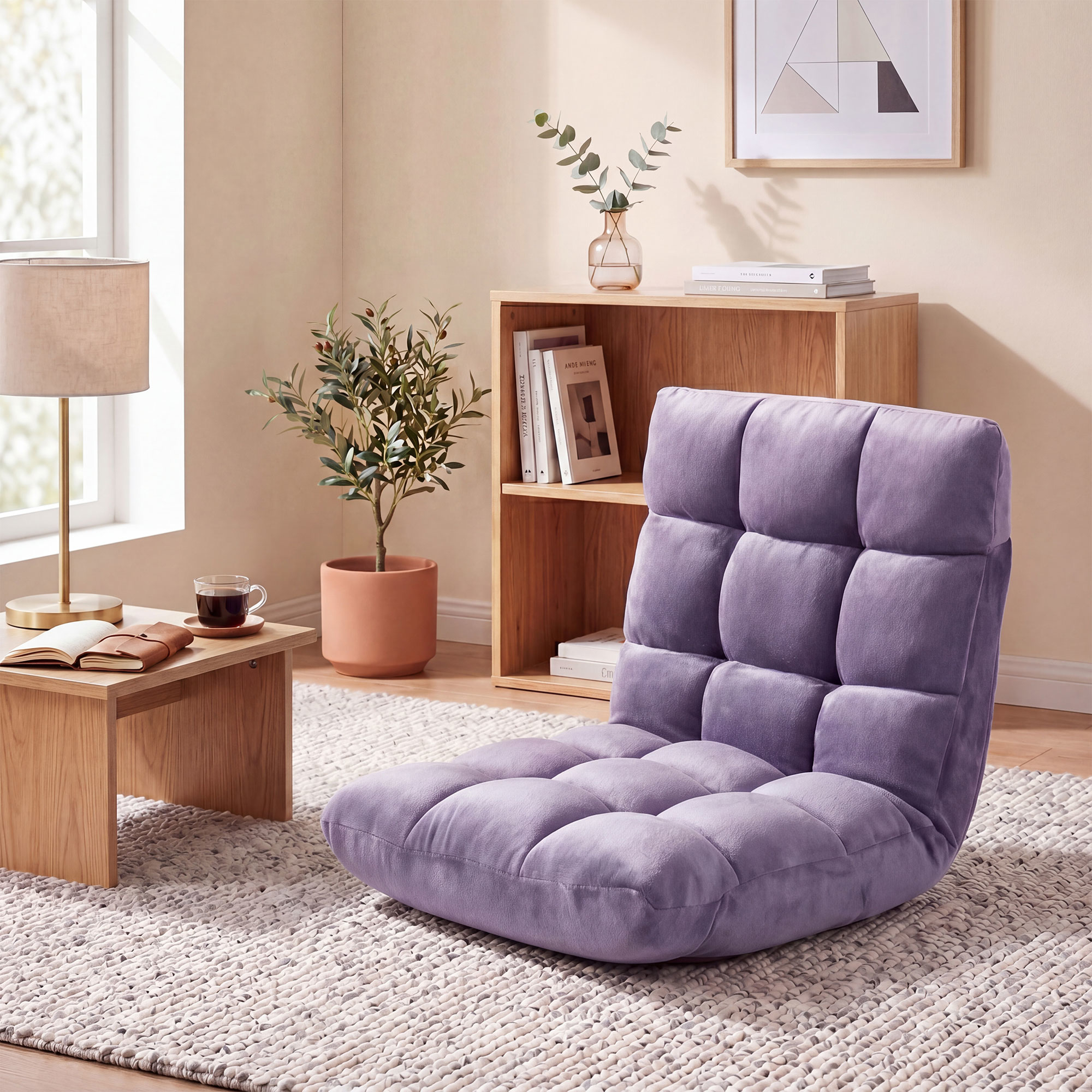 Image of Adjustable 14-position Floor Chair, Folding Couch Recliner With Soft Flannel Cover & Heavy Duty Metal Support, Reading Gaming Floor Chair With Non-slip Base For Adults, Purple