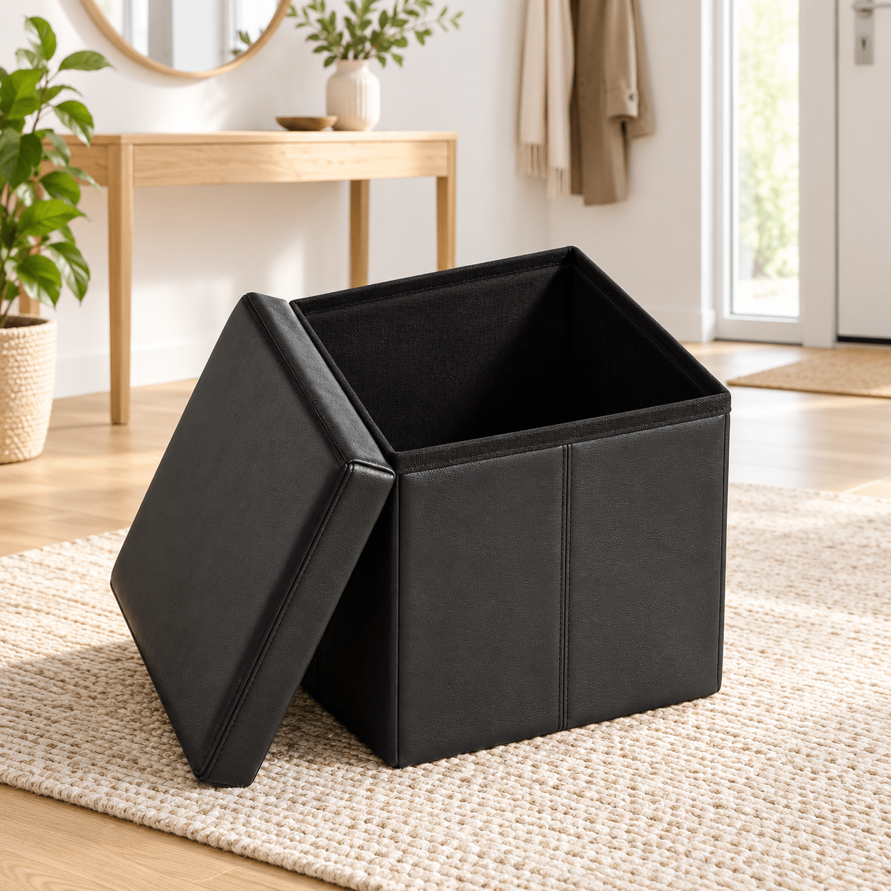 Image of Folding Storage Stool With Seat Cube, 38 X 38 X 38 Cm, Padded & Easy To Clean, Supports Up To 150 Kg, For Home Use, White/grey/black