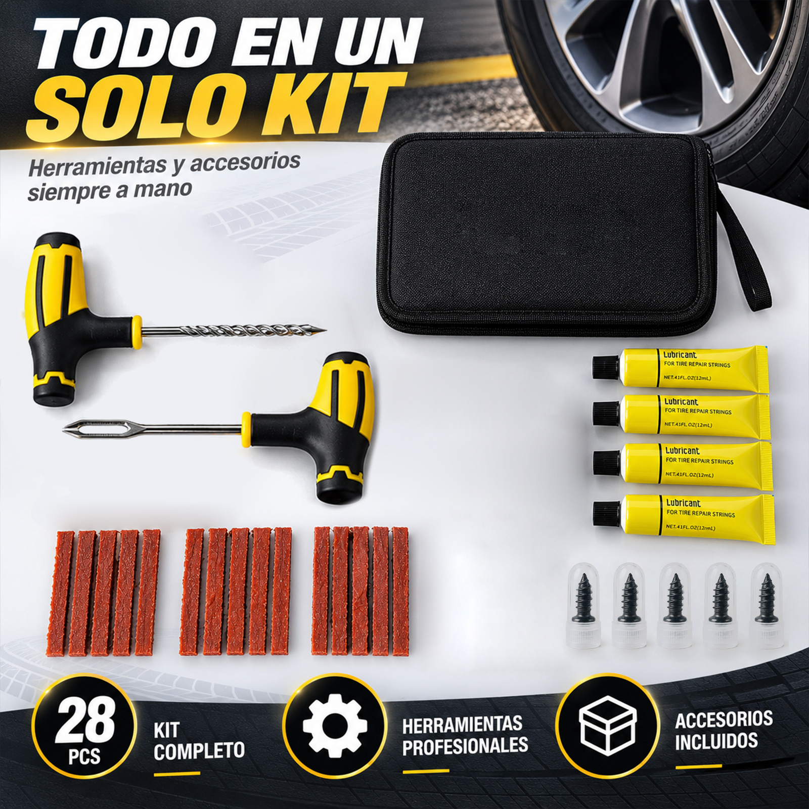 TEMU Kit de Reparación de Neumáticos 28 Piezas para Neumáticos sin Cámara, Kit Antipinchazos con Herramientas de Mango en T, , Lubricante y Estuche