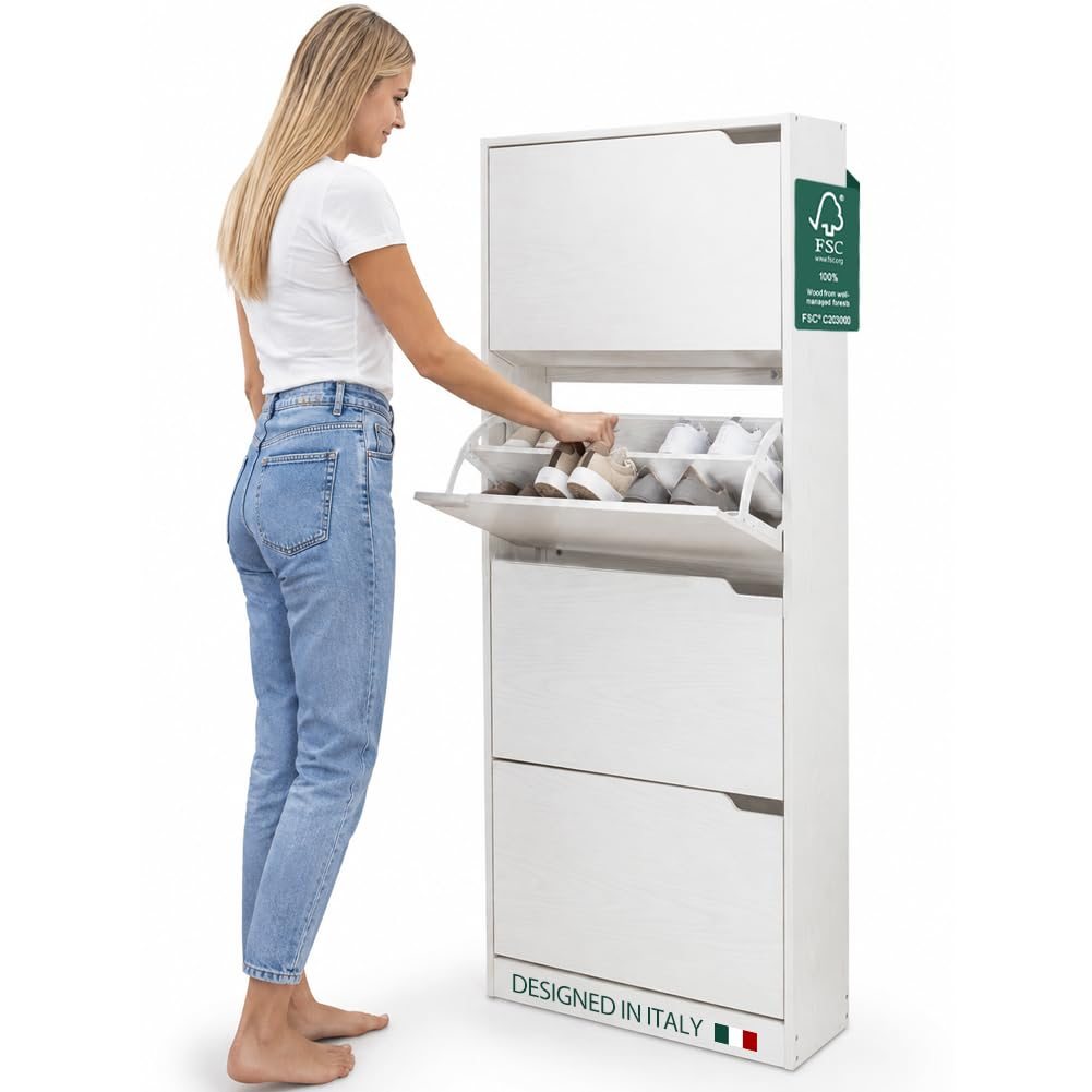 TEMU BAKAJI Scarpiera Portascarpe in Legno MDF con 4 Ante Porta Scarpe a Maniglie a Scomparsa Profondit� Dimensioni Compatte Slim 63 x 24 x 150 cm