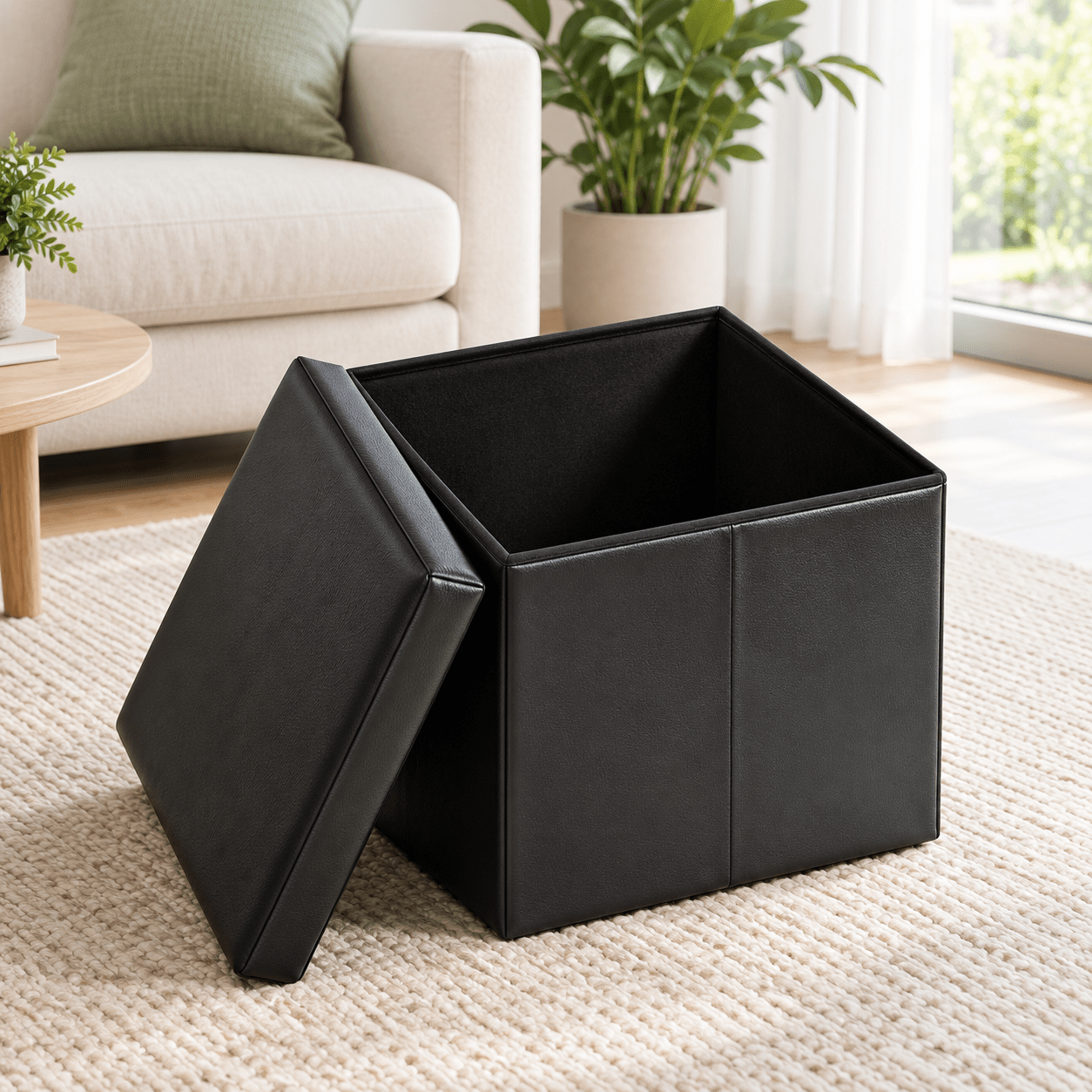 Image of Folding Stool With Storage Space 38 × 38 × 38 Cm, Supports Up To 150 Kg, Padded Lid, Faux Leather Storage Box, 3 Colors: White, Gray, Black