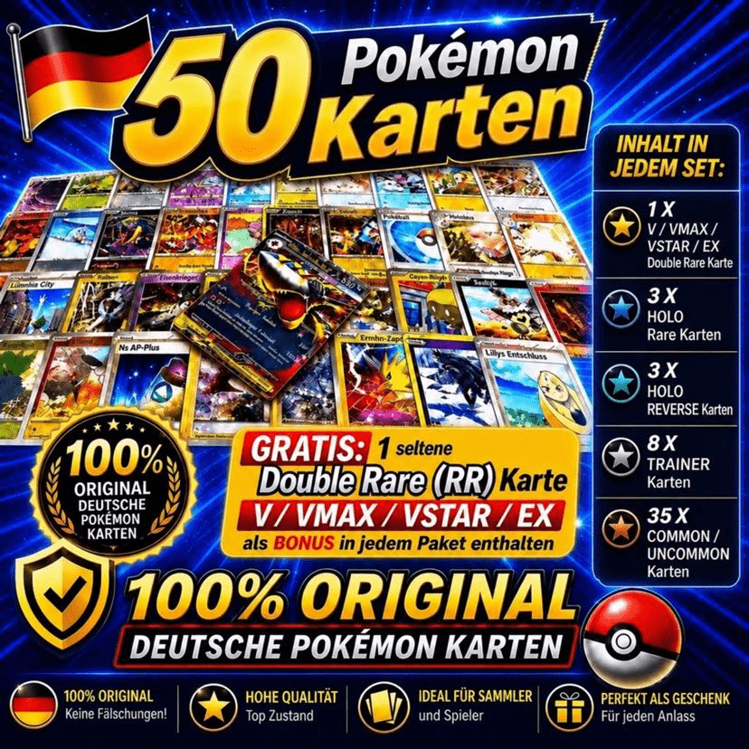 Image of 50 Original German Cards - Includes: 1 ///ex Double Rare (rr) Card + 3 Rare Cards + 3 Reverse Cards + 8 Trainer Cards + 35 Common/uncommon Cards In Each Set