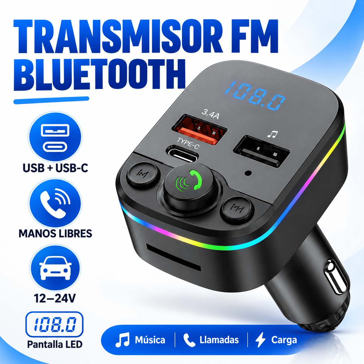 TEMU Cargador de coche con puerto USB/Type-C de carga rápida, Carga rápida PD de 20 W。compatible con carga rápida y con función de transmisión FM.