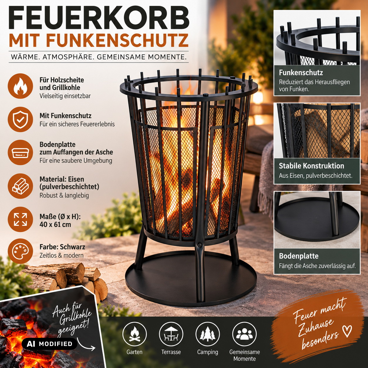Image of Metal Fire Basket With , Fire Bowl, Campfire, Garden Fireplace, Patio Fireplace, Patio Oven, Fire Pit For Garden And Terrace