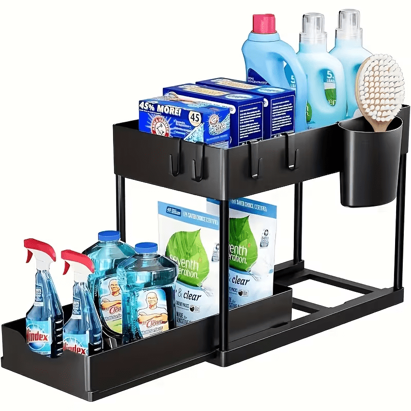 TEMU Organizzatore scorrevole a 2 ripiani da posizionare sotto il lavandino con struttura in metallo - Cesto portaoggetti in plastica /bianco, per