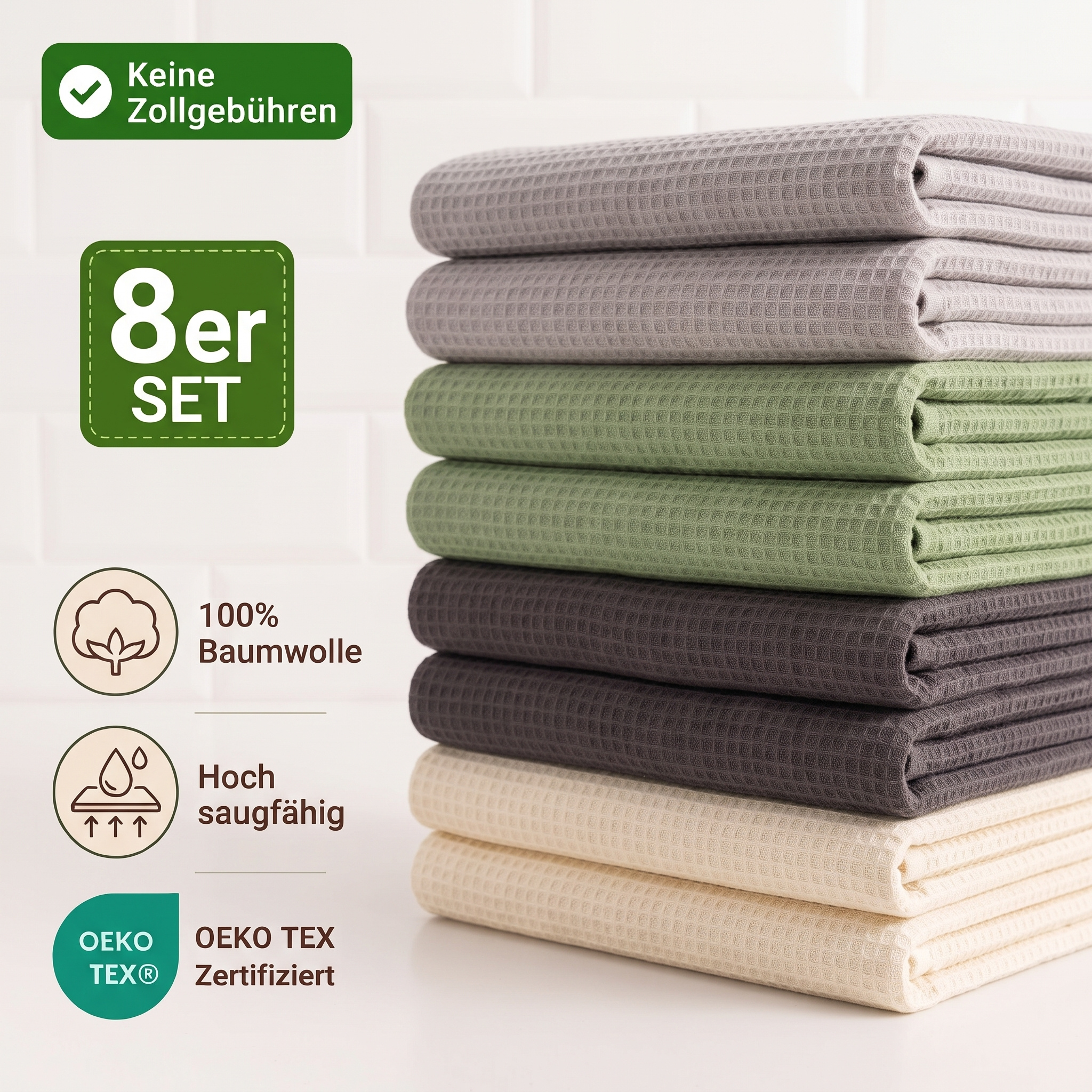 TEMU 8er-set, Geschirrtücher Baumwolle 45×65 cm Küchentücher aus Waffelpique, Saugstark und Langlebig – in Grün, Beige, Grau &