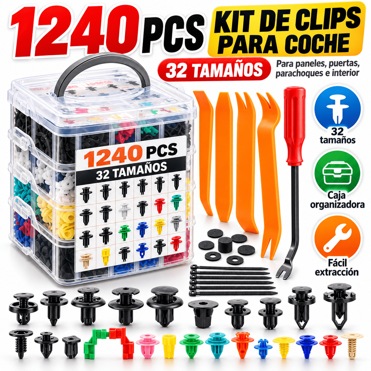 TEMU Kit De 1240 Piezas De Clips Para Coche, 32 Tamaños Universales De Remaches Plásticos, Con 4 Herramientas De Desmontaje De Molduras, 1 Extractor