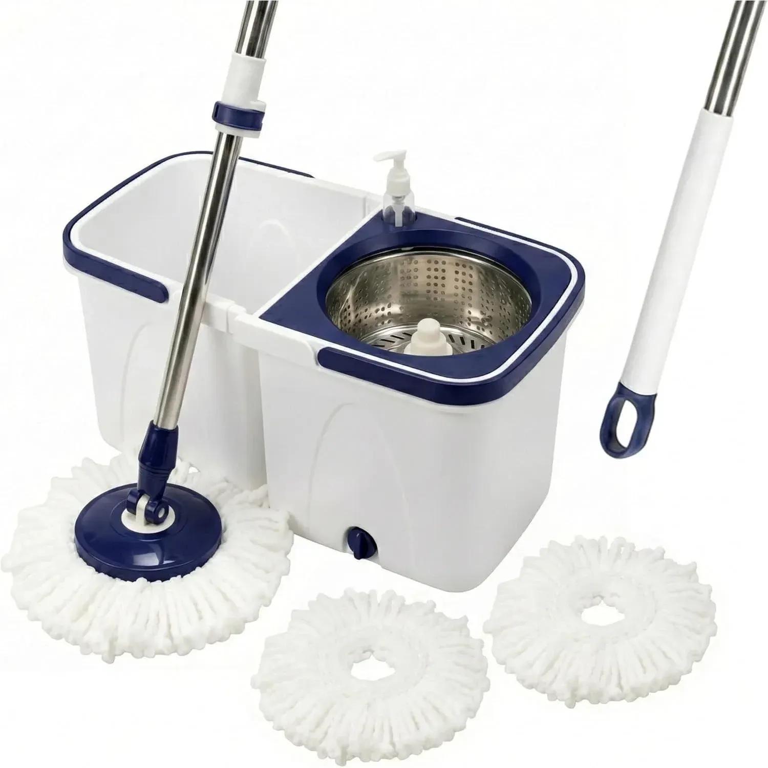 TEMU Spin 360° Mop & Bucket Set Microfibre Floor Cleaner With Extra Mop Heads, Spin Wringer, System For Kitchen Bathroom Tile Laminate Wood Floors