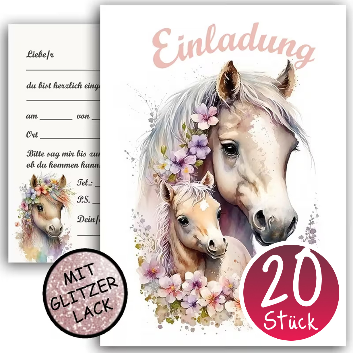 Image of 20x Glitter Horse Invitation Cards For Girls' Birthday Party – Rainbow Pastel Horse Foal Stars Pink – 20 Pieces