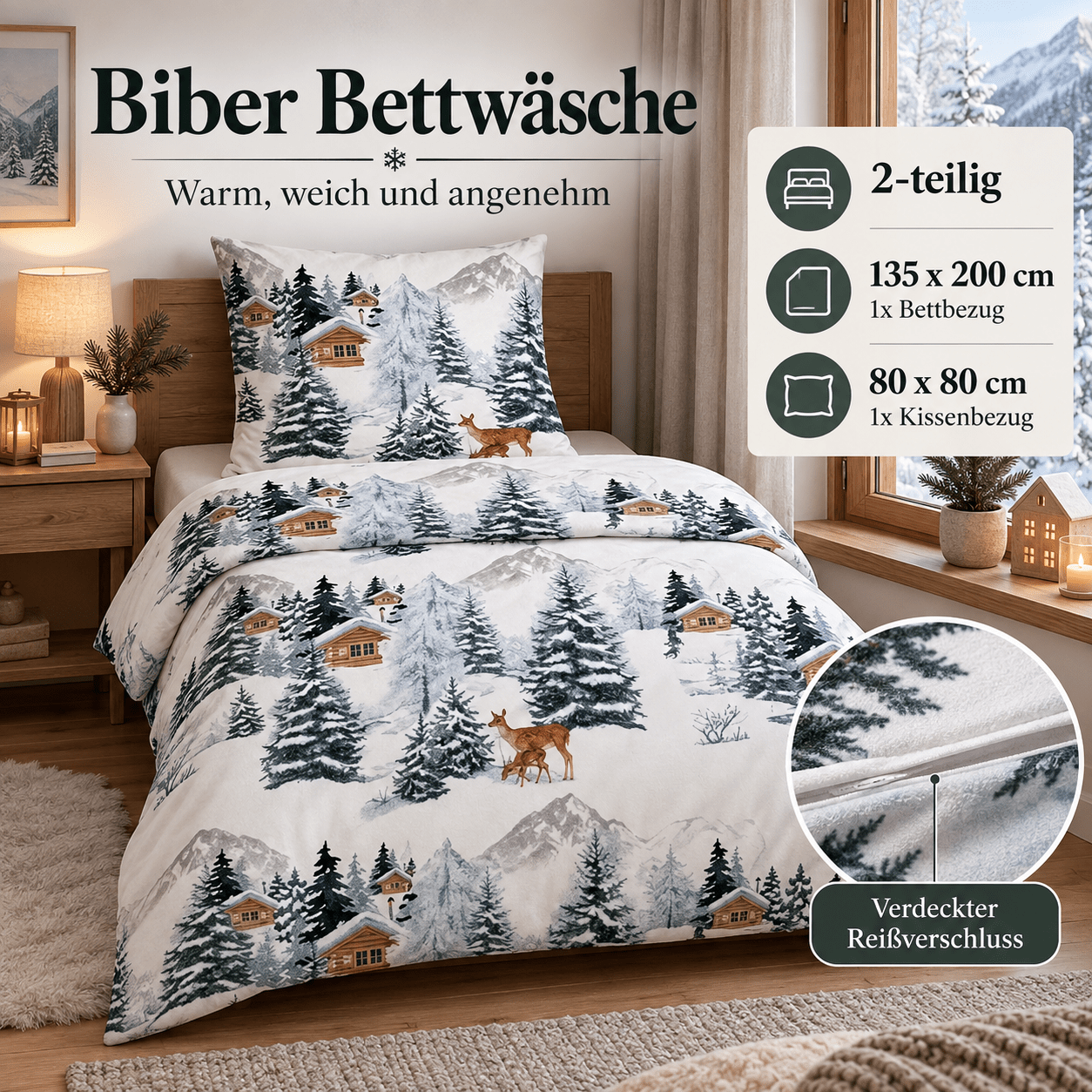 Image of Beaver Bed Linenwinter Christmas Elf Deer Motif | Warm Cozy Bed Linen Set 135x200 & 155x220 Cm