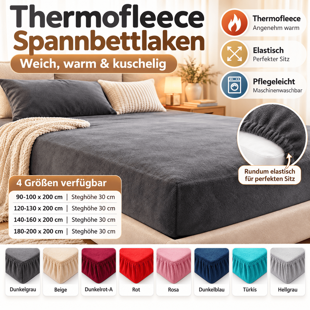 TEMU Spannbettlaken Winter kuschelig warm – einfarbiges Fleece Bettlaken mit Rundumgummi, weicher , fester Halt, für Matratzen und kalte Nächte