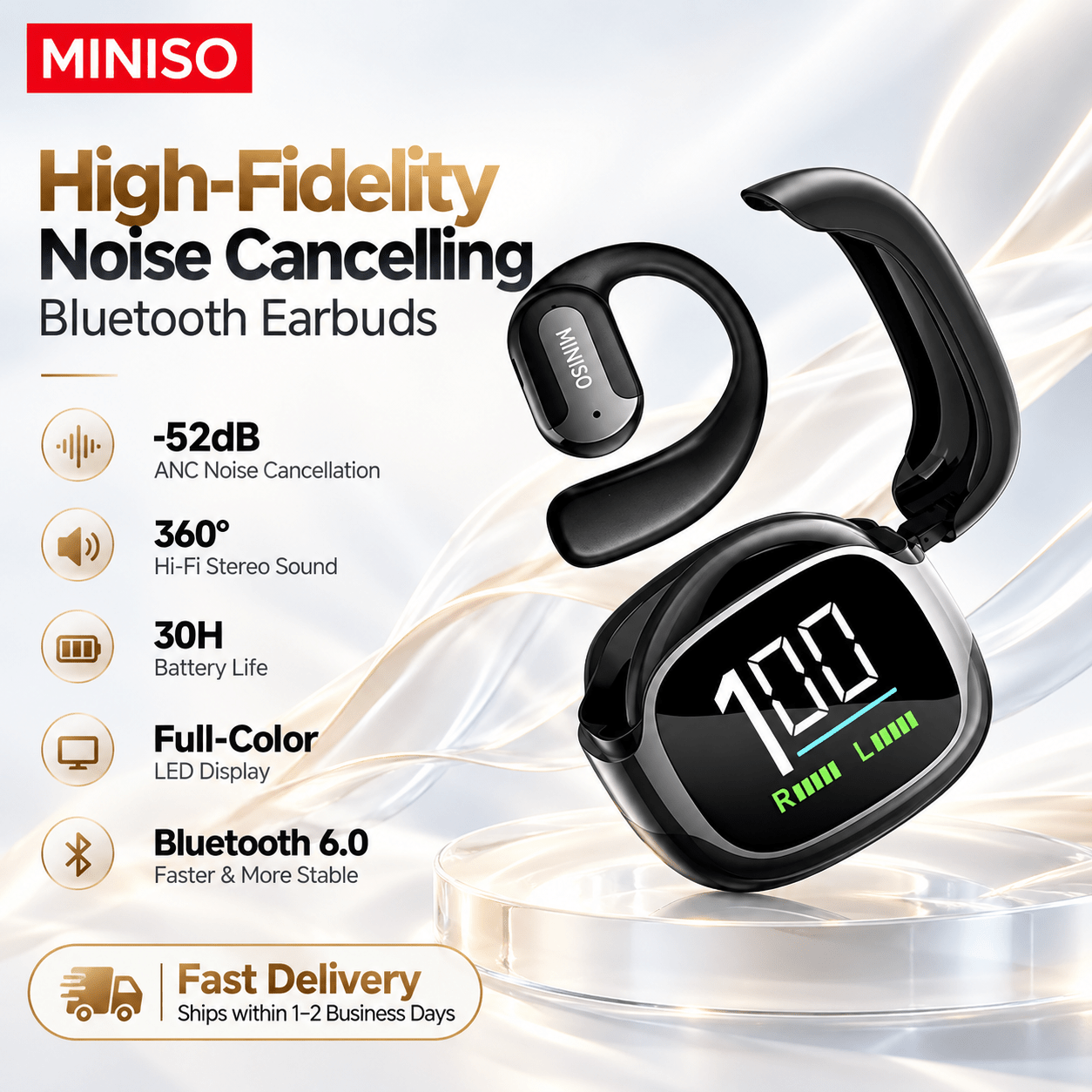 Image of Wireless Open-ear Headphones With Ear Hooks And Active Noise Cancellation, 30-hour , Digital Led Display, Hifi Sound, Lightweight Bluetooth Sports Earbuds For Running, Fitness, Workouts And Commuting