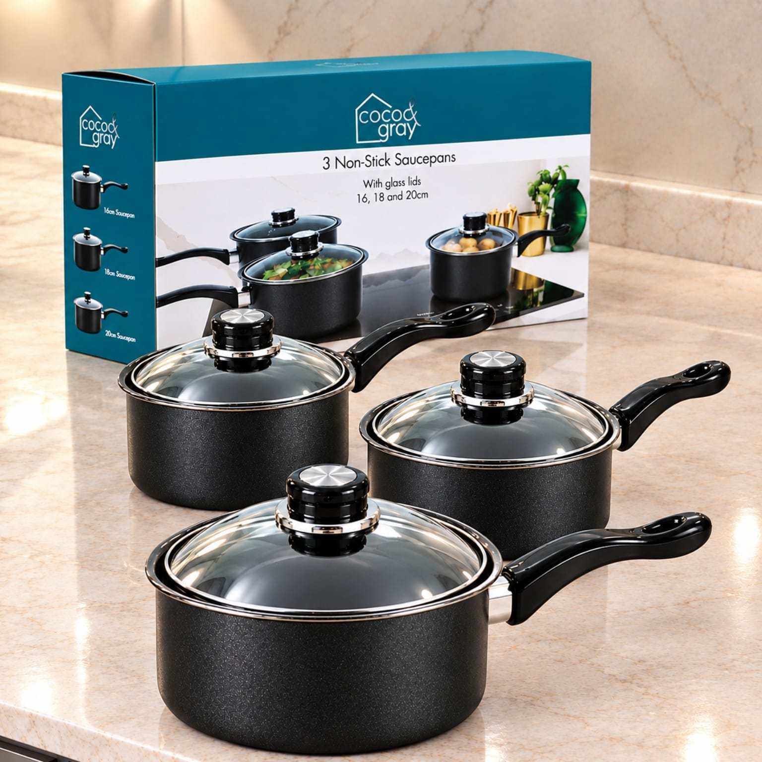 TEMU 3 Piece Saucepan Set, 16cm 18cm 20cm Cooking Pots, Kitchen Pan Set For Everyday Cooking, Durable Cookware Collection