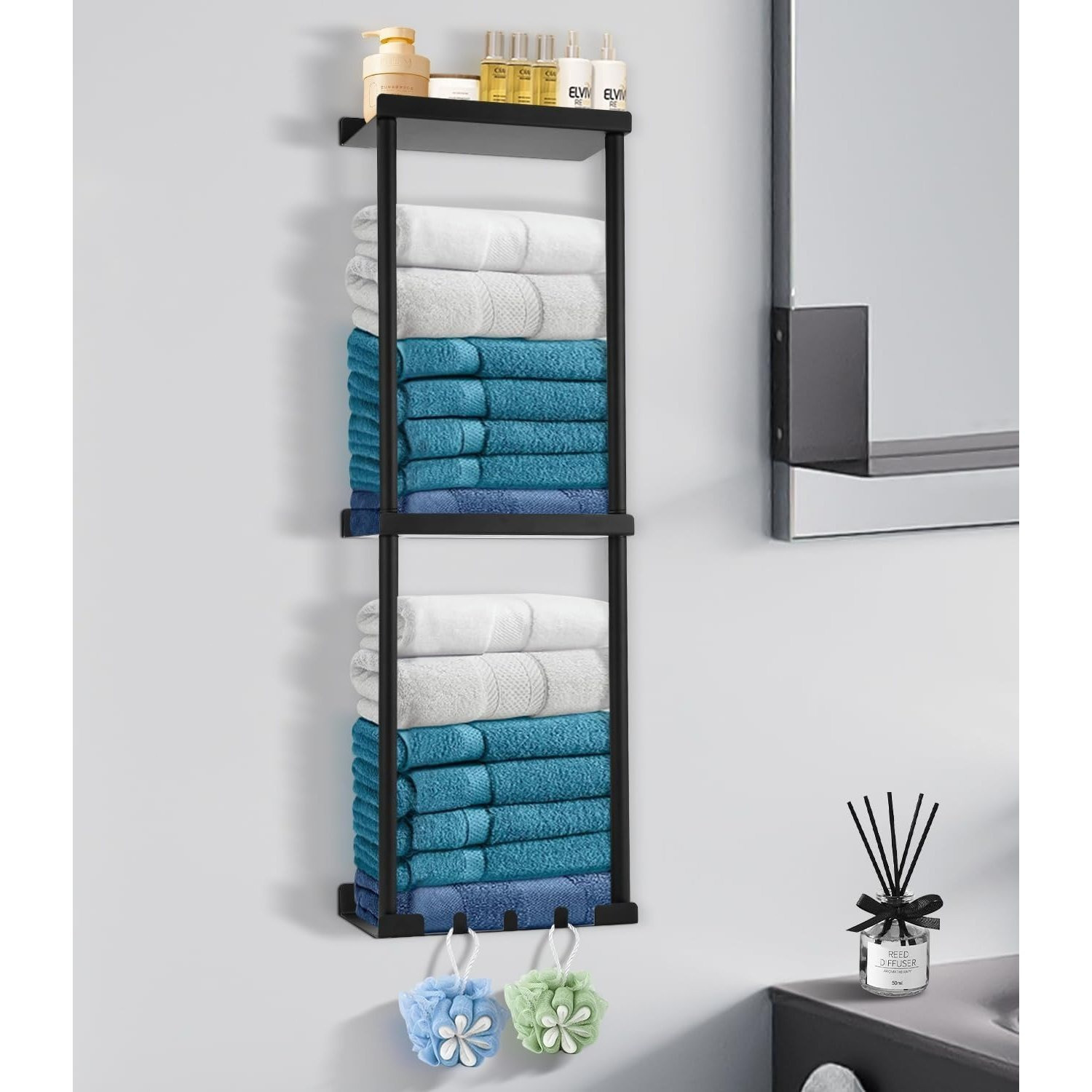 Image of Wall Mounted Bathroom Towel Rack, 3‑tier Metal Towel Storage Organizer, Black Wall Towel Holder With Top Shelf & Hooks, For Bathroom Towels And Toiletries