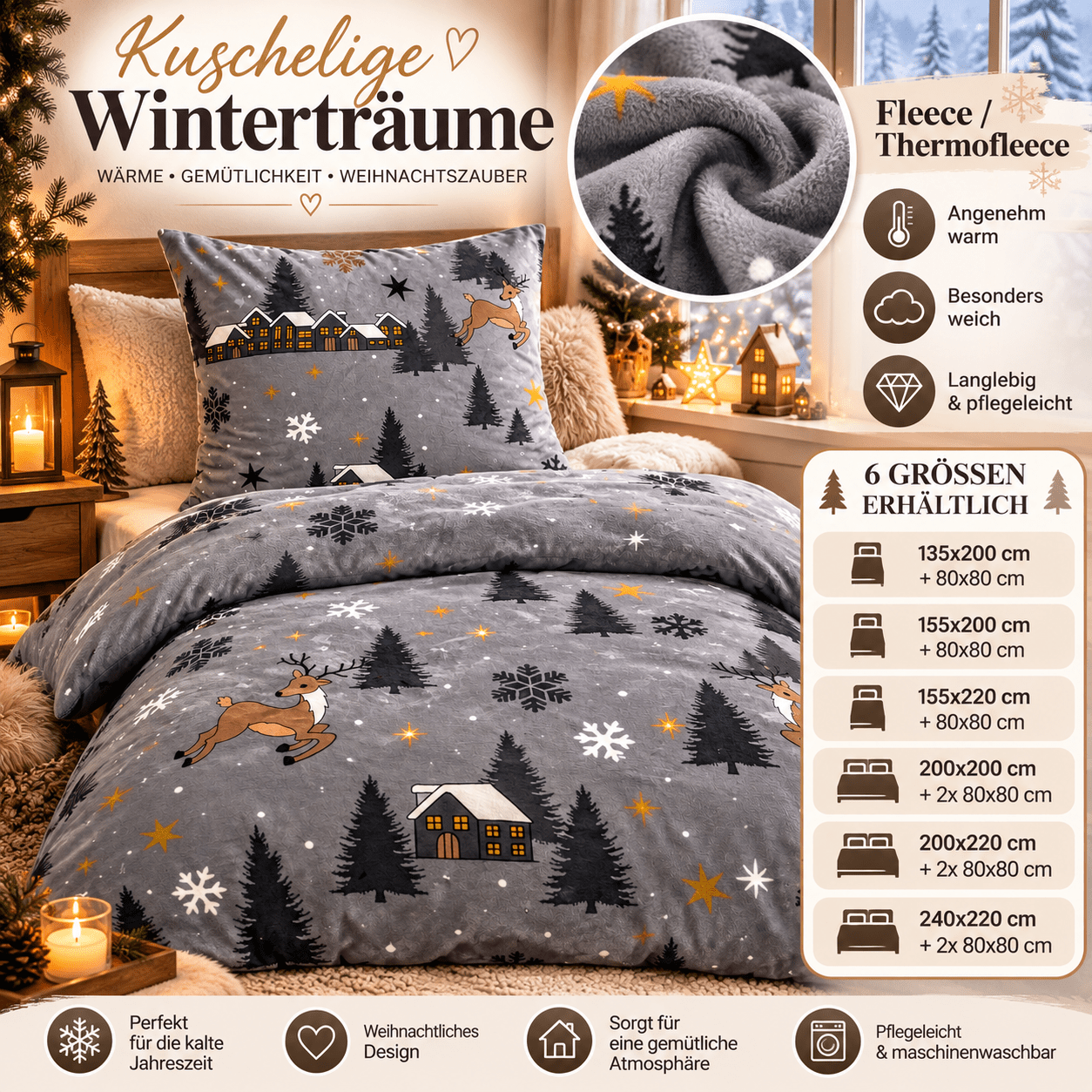 Image of Winter Bedding Set Gray - Cozy Fleece & Warm - Elk Snowflake Stars Christmas Design - With Zipper - 6 Sizes