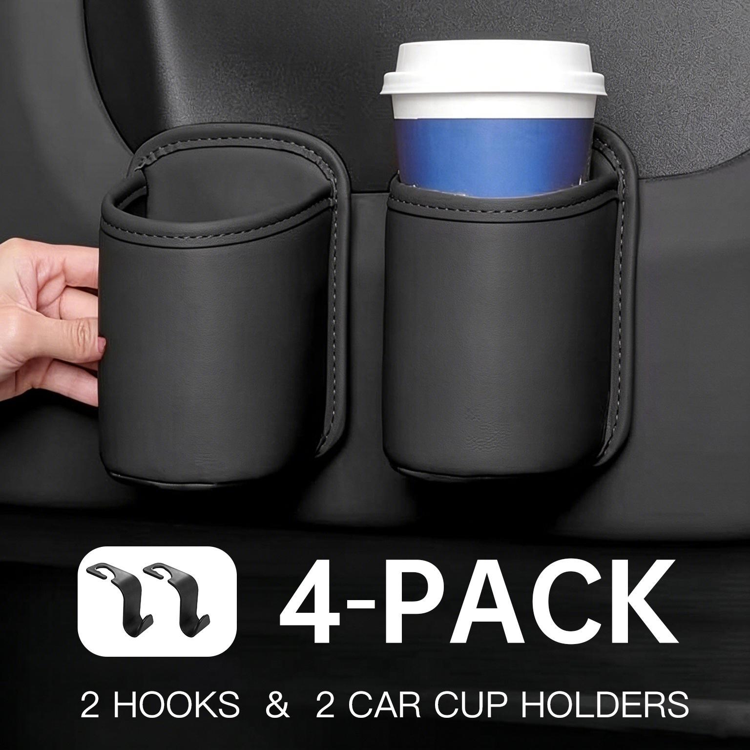 TEMU 4-pack (2 Car Door Cup Holders + 2 Seat Hooks) | Pu Leather Vehicle Drink Organizer & Storage Box Back Seat Cup Holder Insert, Auto Interior