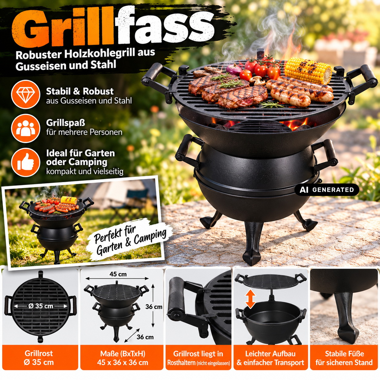 Image of Charcoal Grill 45 X 36 X 36 Cm, Round Grill With 35 Cm Grill Grate, Charcoal Grill, Portable Grill For Camping, Garden, And Patio Use