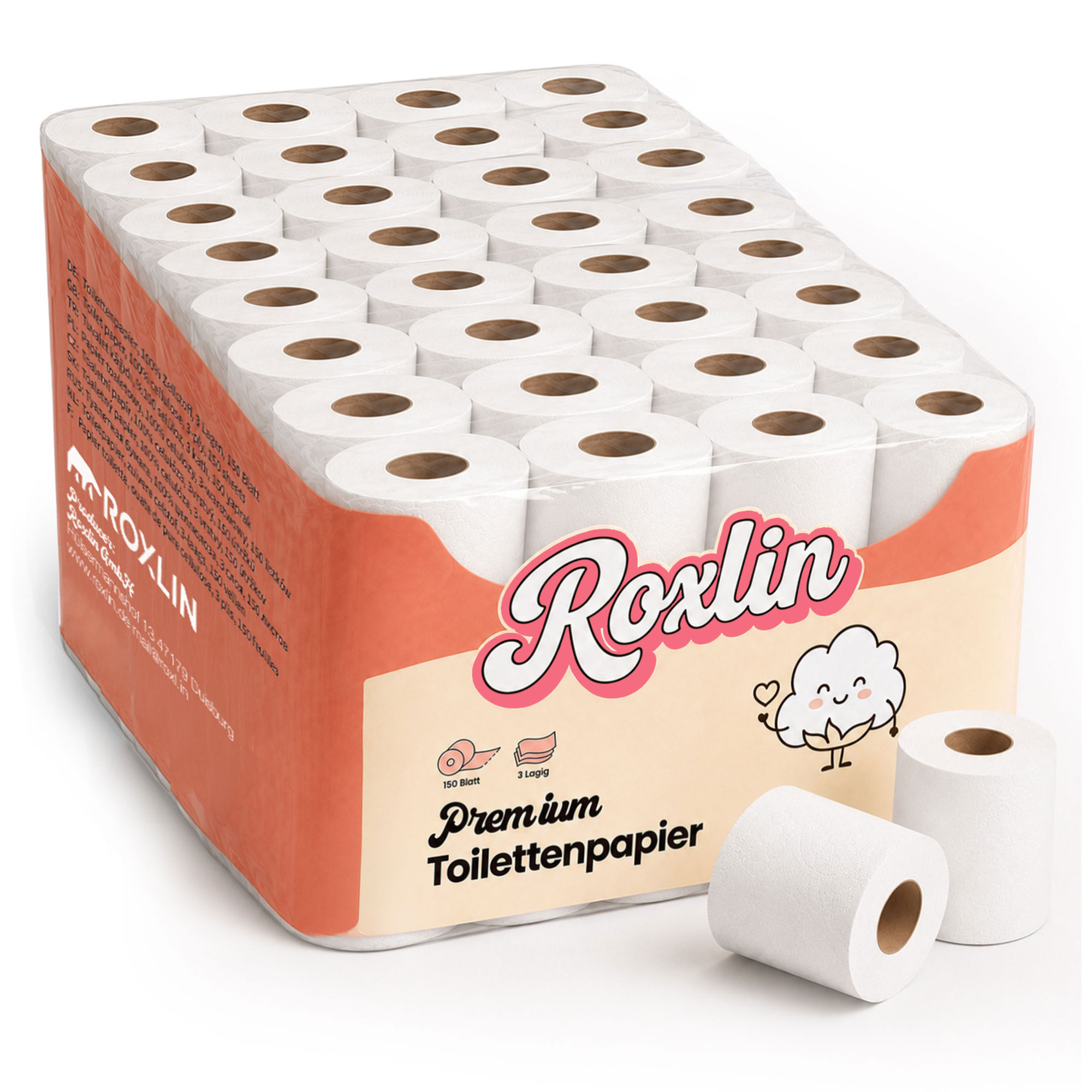 TEMU Roxlin Toilettenpapier 3-lagig | 16/24/32/48/64 Rollen | 150 Blatt pro Rolle | 47g/m² | 100% reine Zellulose