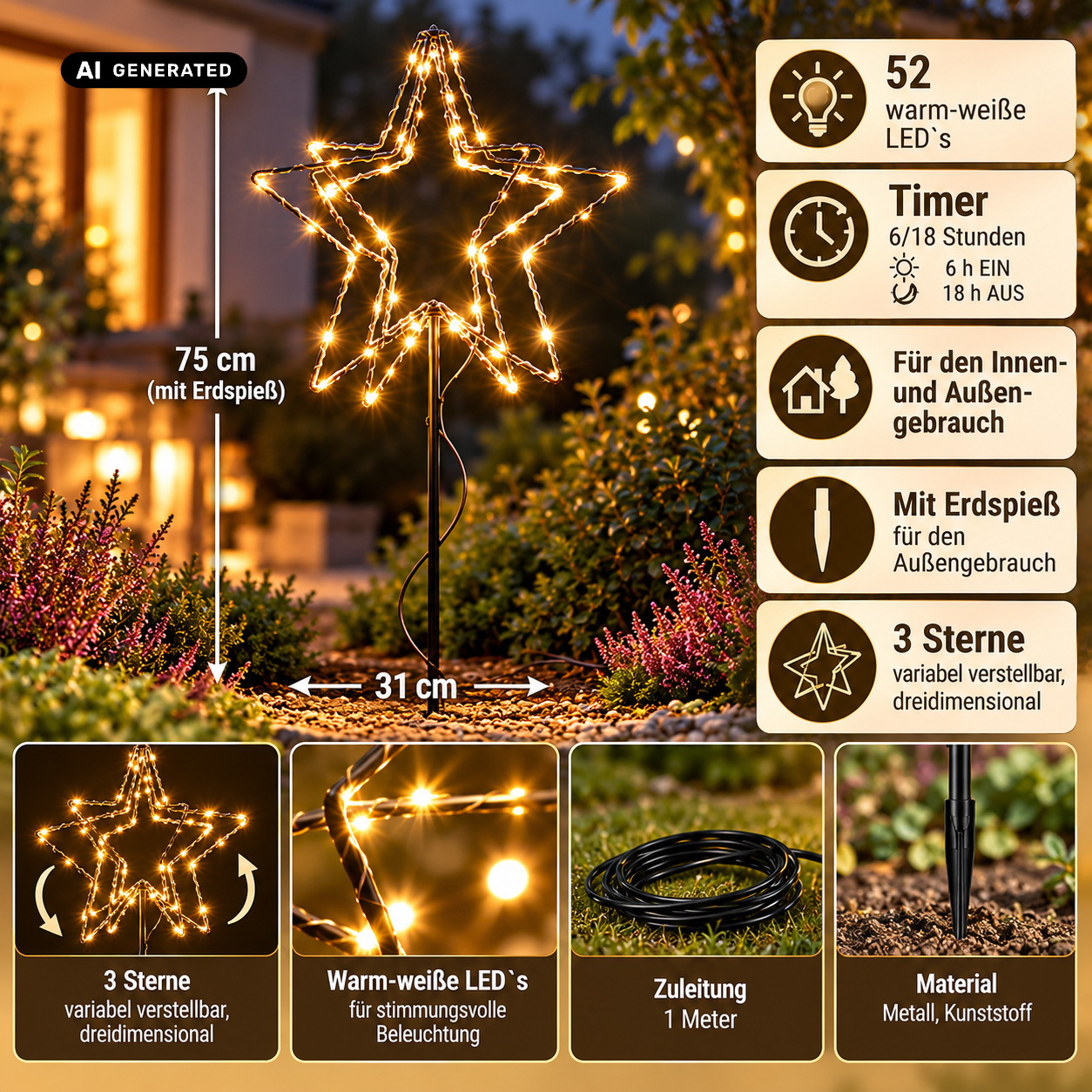 TEMU 3D Weihnachtssterne LED Gartenstecker mit 3 Sternen | 52 LEDs | Lichtfarbe: Warmweiß | mit 6/18 Std. Timer | Indoor & Outdoor verwendbar