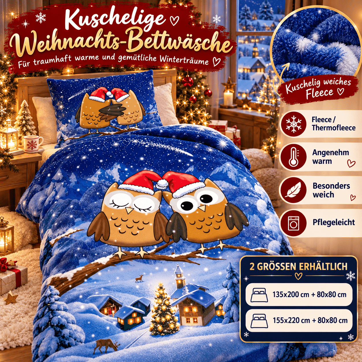 Image of Fleece Bedding 135x200 Cm Or 155x220 Cm Winter Snow Christmas Zipper Warm Cover Pillow 80x80 Cm