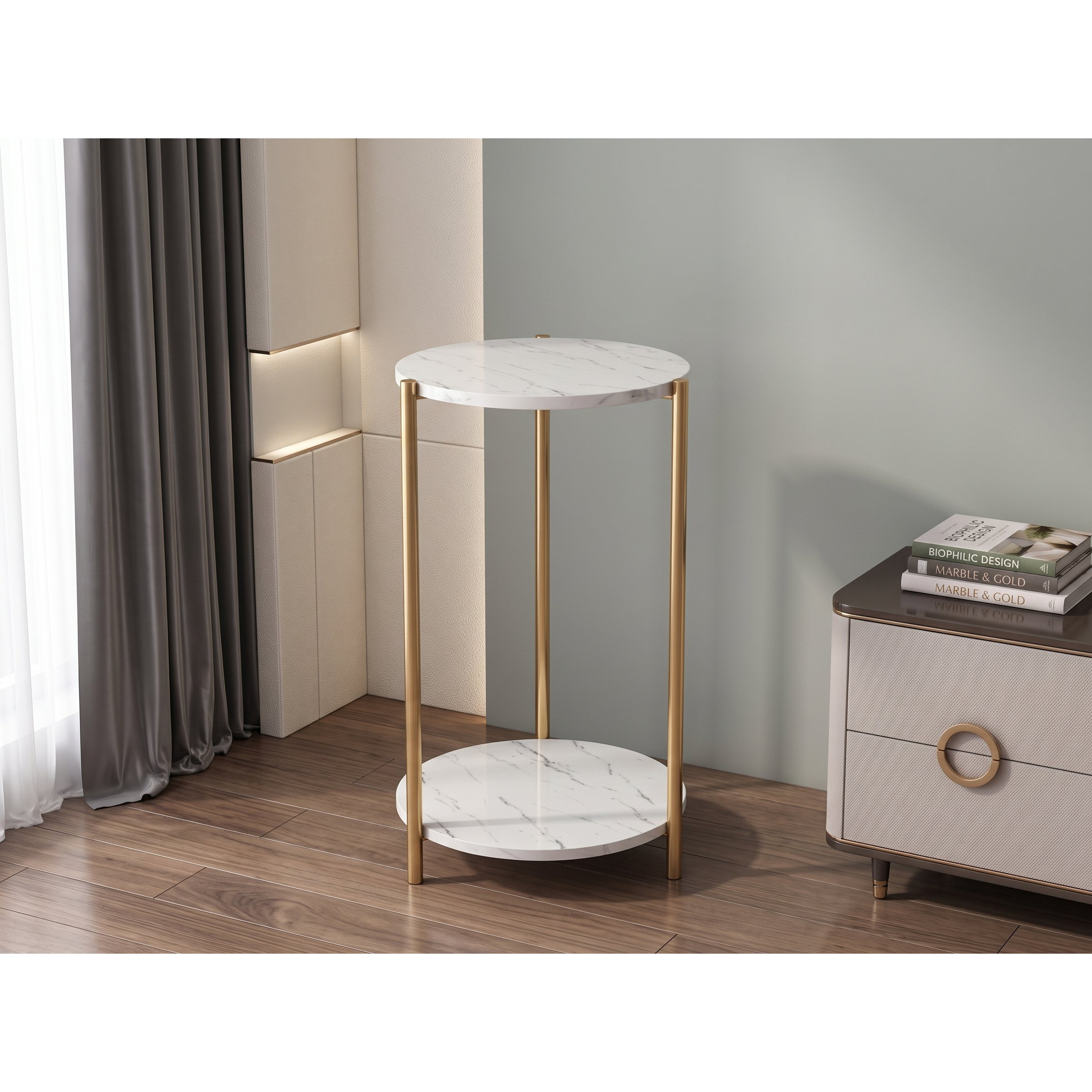 TEMU Round High 2-tier 30x90 Table, Space-saving Side Table With Golden Structure And Marble-effect Tops, Decorative Table For Living Room, Bedroom,