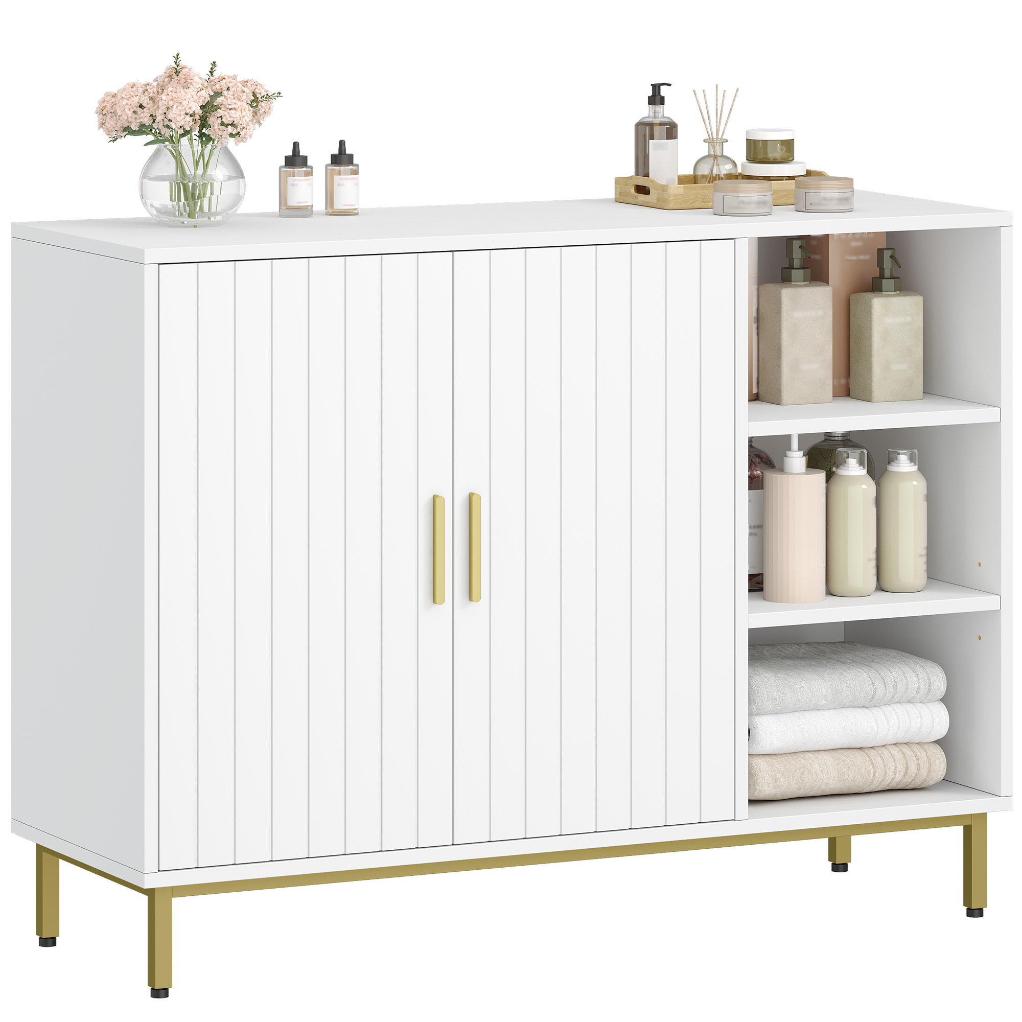 TEMU Mobiletto da bagno , mobiletto da bagno autoportante con due ante e ripiani regolabili, 100 x 35 x 75 cm, bianco e oro.