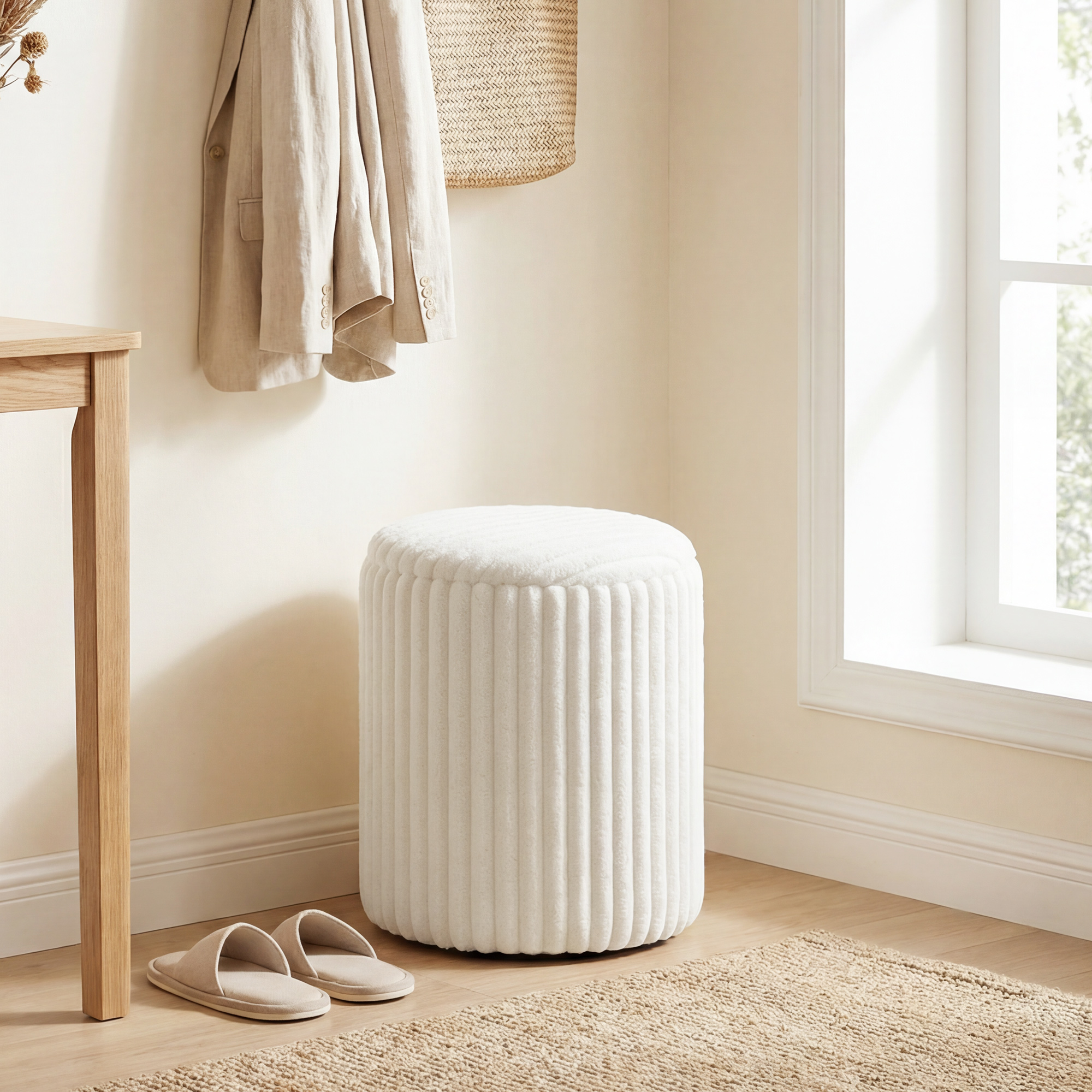 Round Stool With Storage, Reversible Multi-functional Lid, Marble Texture Cushioned Stool With Corduroy Look, Modern Side Table For Living Room, Bedroom, 35x35x45 Cm White