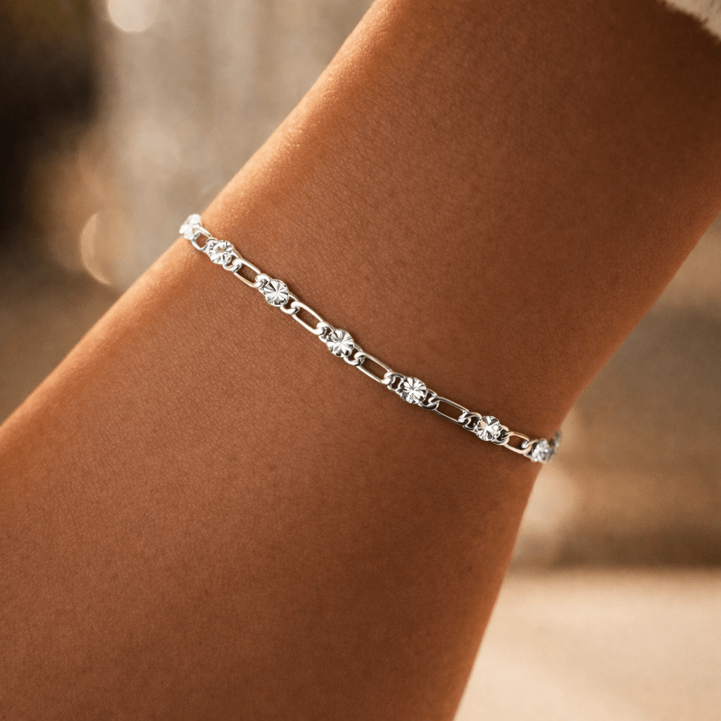 Image of 925 Silvery-plated Ladies' Bracelet, Floral Link Chain Silvery, Elegant Bracelet 17+3 Cm Adjustable, Delicate Jewelry Bracelet For Women