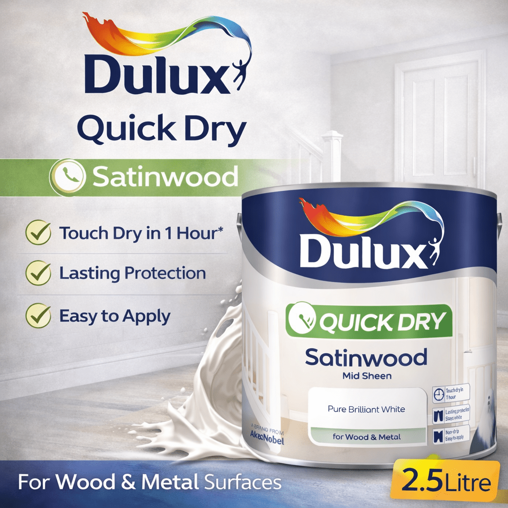 TEMU Dulux Quick Dry Satinwood 2.5l Pure White – Mid & Metal Paint – Fast Dry Durable Finish