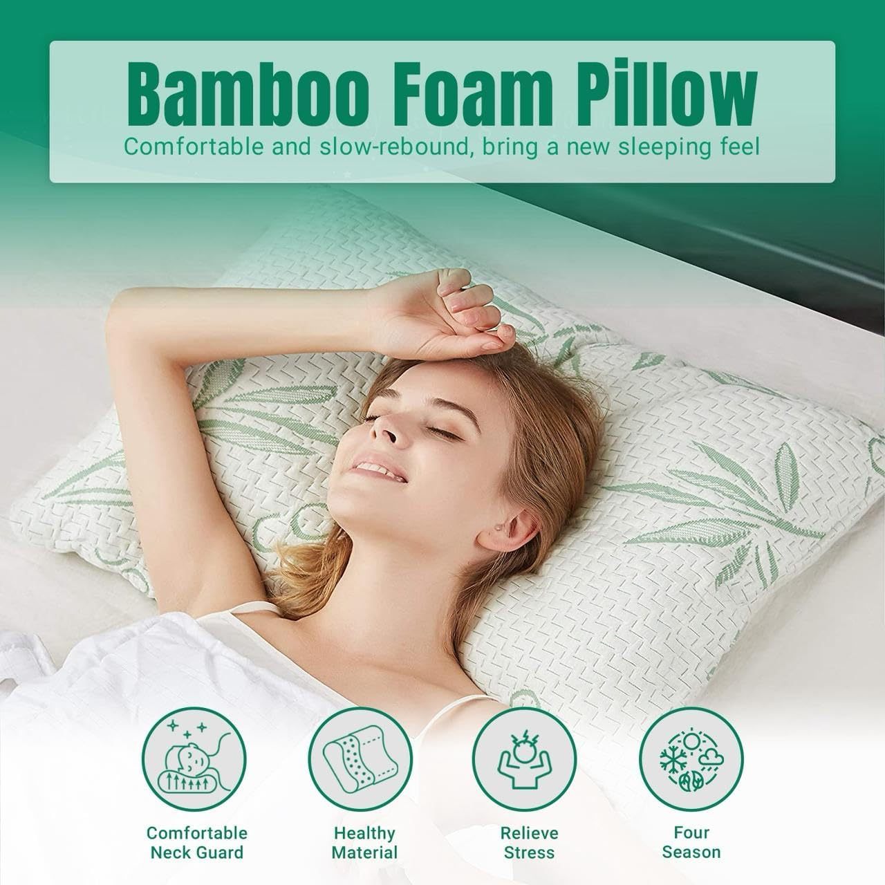 2-Pack Bamboo Memory Foam Pillows | 50x75cm | Medium Firm | Soft & Breathable | Neck & Shoulder Support | Sleep Positions: Side, Back & Stomach | Washable Removable Zip Cover