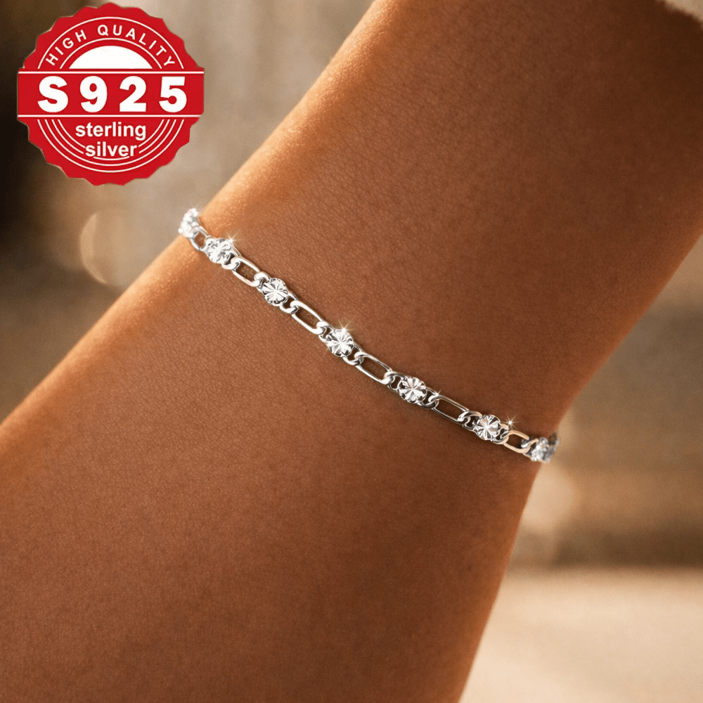TEMU 925 Silver Women's Bracelet, Floral Link Chain Silver, Elegant Adjustable Bracelet 17 3 Cm, Delicate Jewelry Bracelet For Women