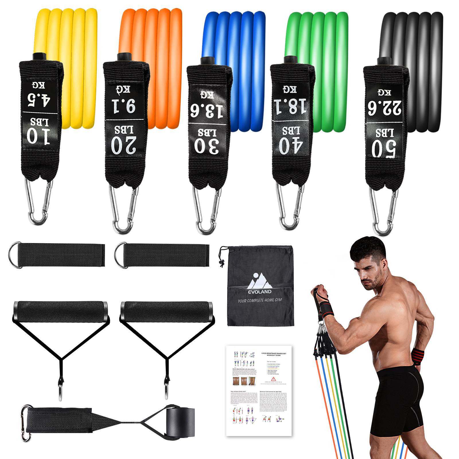 Image of Evoland Resistance Bands Set With Handles, Carrying Bag, And Ankle Straps - Perfect For Home Gym, Fitness, Yoga, And Pilates - Ideal For Beginners, Exercise Resistance Bands