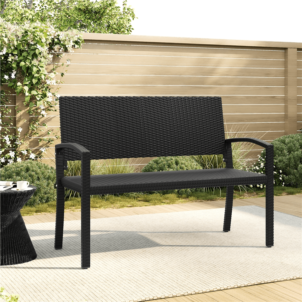 E-shop Costoffs Gartenbank aus Hochdichtem PE-Rattan Outdoor-Bank für 2 Personen Sitzbank im Garten mit Armlehnen und Rückenlehne Gartenbank für